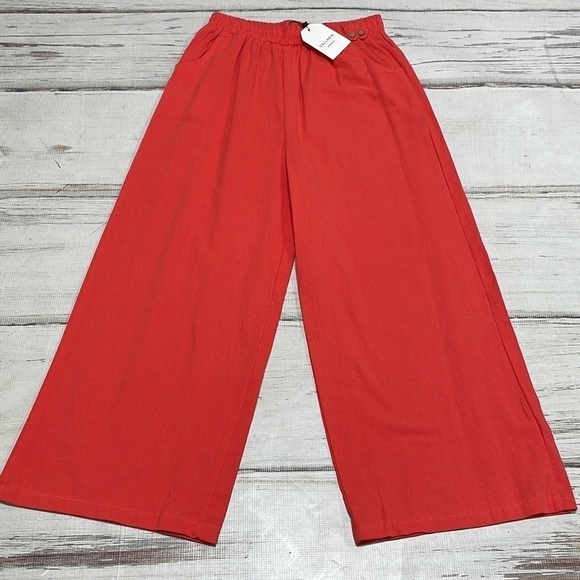 Cellabie Pants NWT Red Orange Wide Leg Cropped Pockets Size Large - Picture 7 of 12